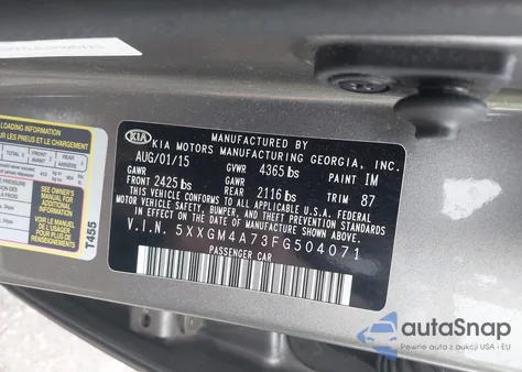 2015 Kia Optima Lx из США, поврежденный, VIN 5XXGM4A73FG504071